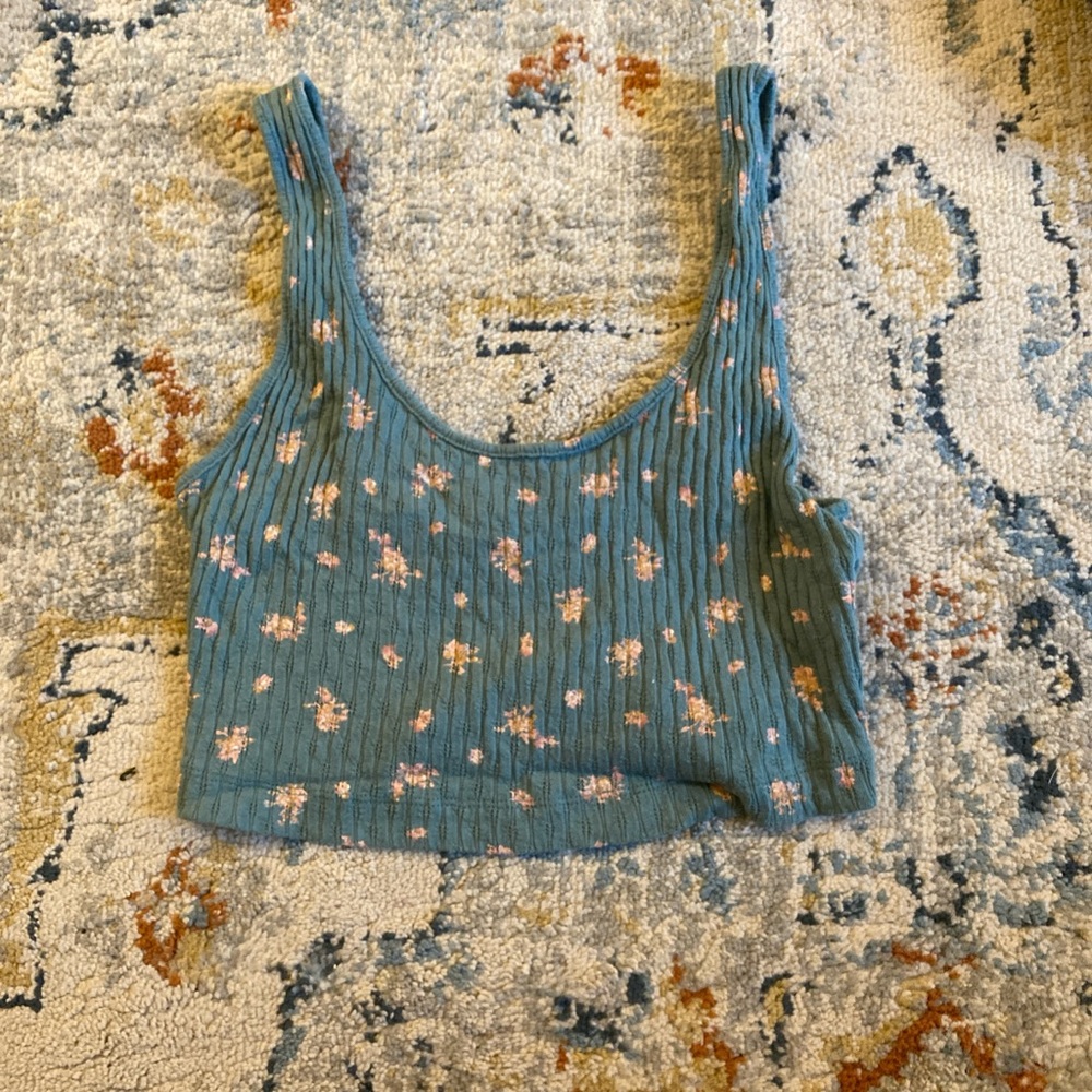 American Eagle Outfitters Floral Ribbed Tank Top - Blue
